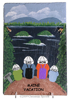Hikers painted on a slate shingle